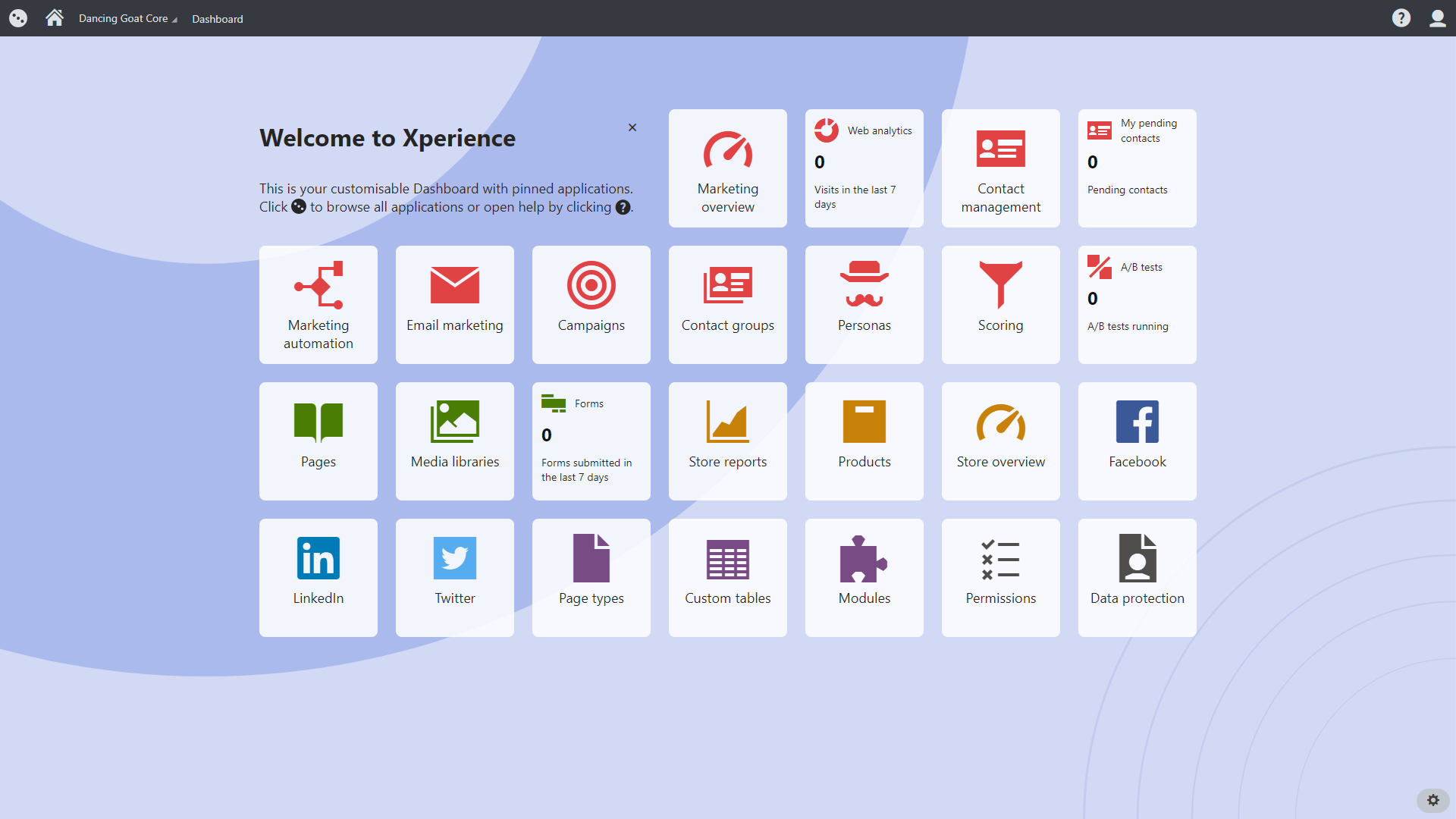 Kentico Xperience 13 dashboard screenshot